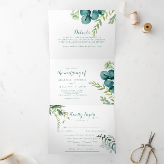 groene eucalyptuskalligrafie drieluik uitnodiging (Binnen)