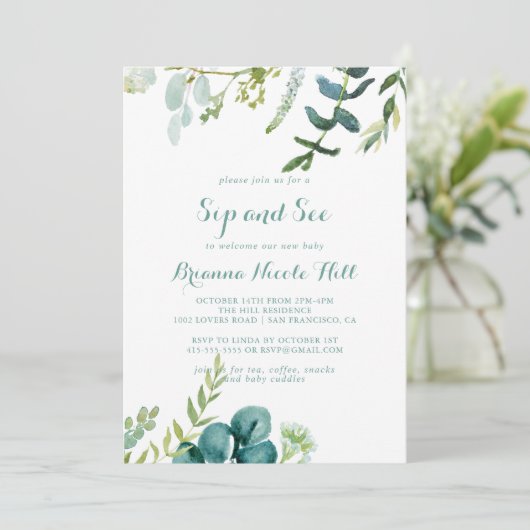 groene eucalyptuskalligrafie Sip en Zie Kaart (Staand voorkant)