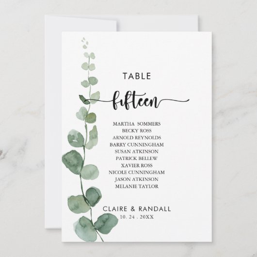 Groene Eucalyptustabel Aantal 15 Zitplaatskaart Kaart (Achterkant)