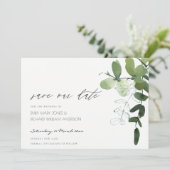 Groene eucalyptusvulling slaat de datum op Uitnodi Bedankkaart (Staand voorkant)