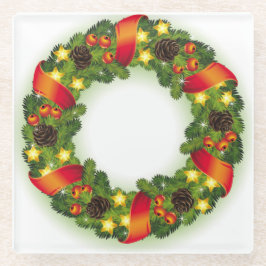 GROENE EVERGREEN KERSTKRANS MET RODE LINTEN GLAZEN ONDERZETTER