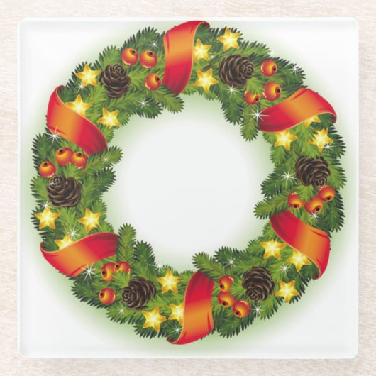 GROENE EVERGREEN KERSTKRANS MET RODE LINTEN GLAZEN ONDERZETTER (Voorkant)