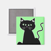 Groene Eyed Zwarte Kat Cartoon Kunst Magneet (Voorkant / Achterkant)