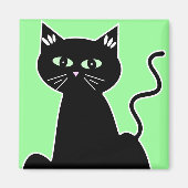 Groene Eyed Zwarte Kat Cartoon Kunst Magneet (Voorkant)