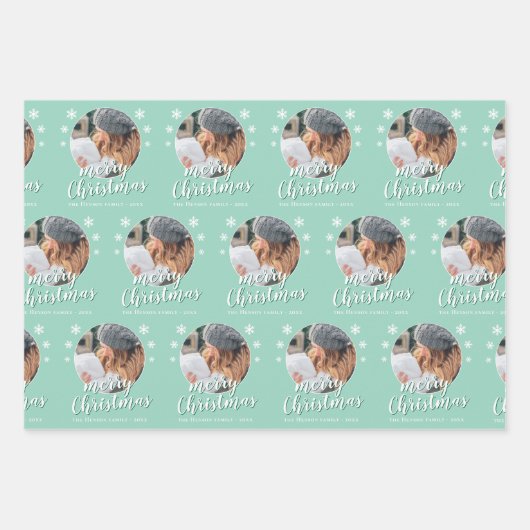 Groene Familiefoto Snowflake Vrolijk Kerstfeest Inpakpapier Vel (Voorkant 2)