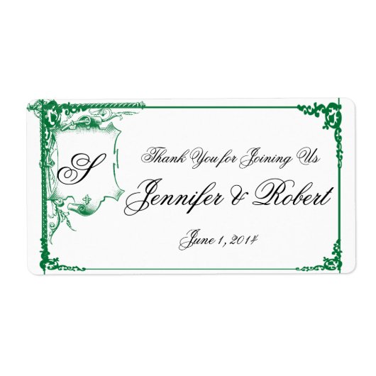 Groene Fancy Monogram Bruiloft Water Fles Etiket (Voorkant)