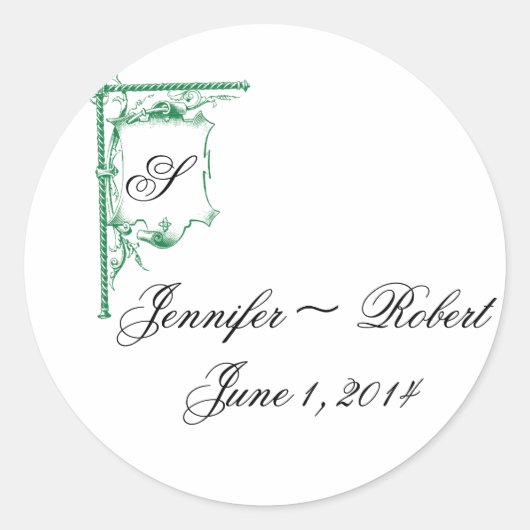 Groene Fancy Monogram Huwelijksenvelop Afdichting Ronde Sticker (Voorkant)