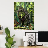 Groene fantasiebeest in het bos | AI Art. Poster (Thuiskantoor)