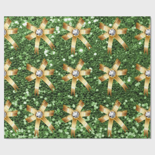 Groene Faux Glitter Gold Diamond Bows Cadeaupapier (Vlak)