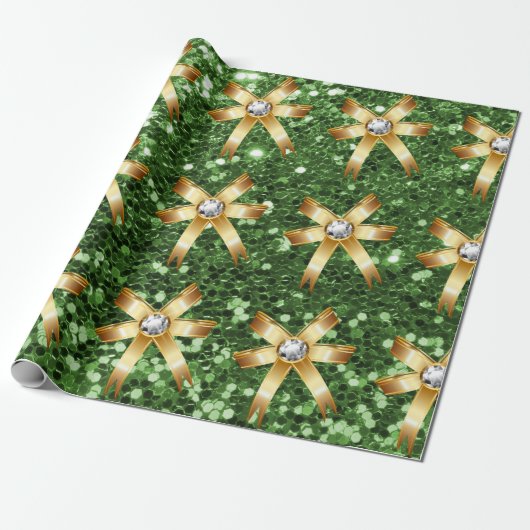 Groene Faux Glitter Gold Diamond Bows Cadeaupapier (Uitgerold)