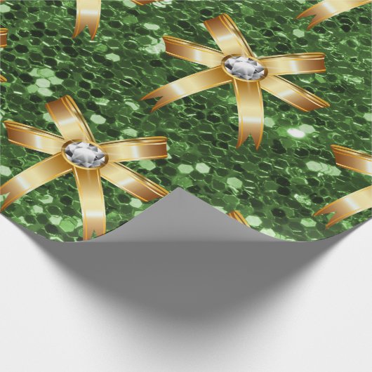 Groene Faux Glitter Gold Diamond Bows Cadeaupapier (Hoek)