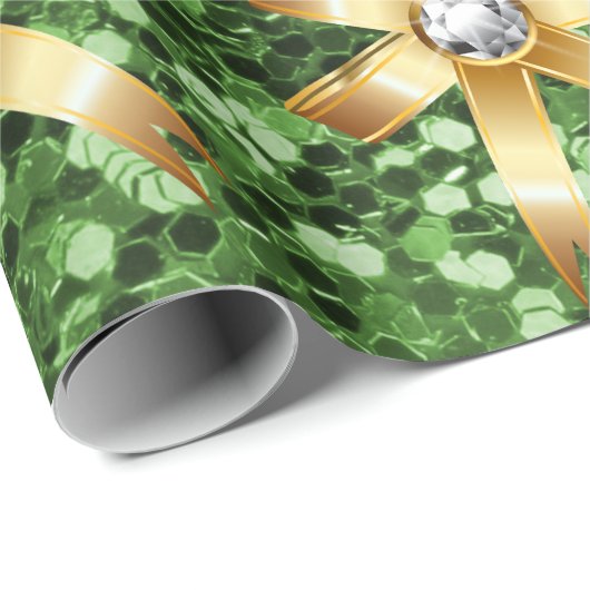 Groene Faux Glitter Gold Diamond Bows Cadeaupapier (Rol Hoek)