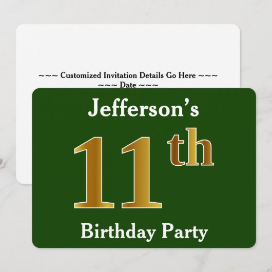 Groene Faux Gold 11e verjaardag Partij + Aangepast Kaart (Voorkant / Achterkant)