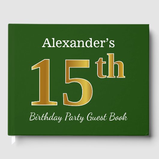 Groene Faux Gold 15e verjaardag Partij + Eigen naa Gastenboek (Voorkant)