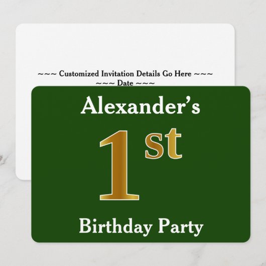 Groene Faux Gold 1st Birthday Party + aangepaste n Kaart (Voorkant / Achterkant)