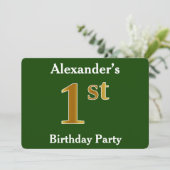 Groene Faux Gold 1st Birthday Party + aangepaste n Kaart (Staand voorkant)
