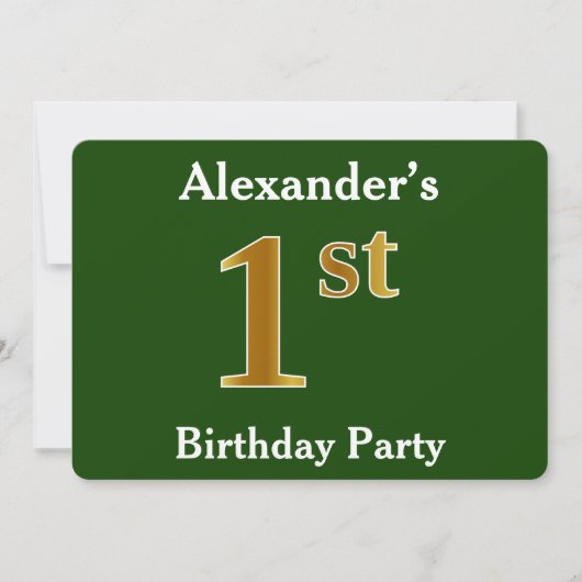 Groene Faux Gold 1st Birthday Party + aangepaste n Kaart (Voorkant)
