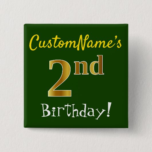 Groene, Faux Gold 2e verjaardag, met aangepaste na Vierkante Button 5,1 Cm (Voorkant)