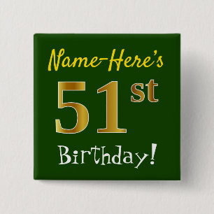 Groene, Faux Gold 51st verjaardag, met aangepaste Vierkante Button 5,1 Cm