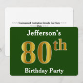 Groene Faux Gold 80th Birthday Party + aangepaste Kaart (Voorkant / Achterkant)
