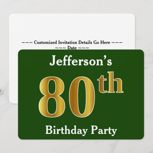 Groene Faux Gold 80th Birthday Party + aangepaste Kaart (Voorkant / Achterkant)