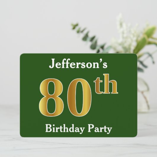 Groene Faux Gold 80th Birthday Party + aangepaste  Kaart (Staand voorkant)