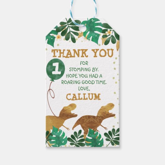 Groene Faux Gouden Folie Dinosaur Dank u Cadeaulabel (Voorkant)