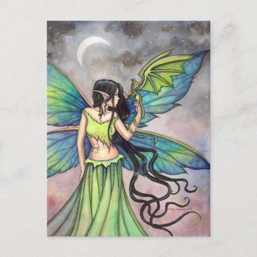 Groene Fee en Draak Fantasie Kunst Briefkaart (Voorkant)