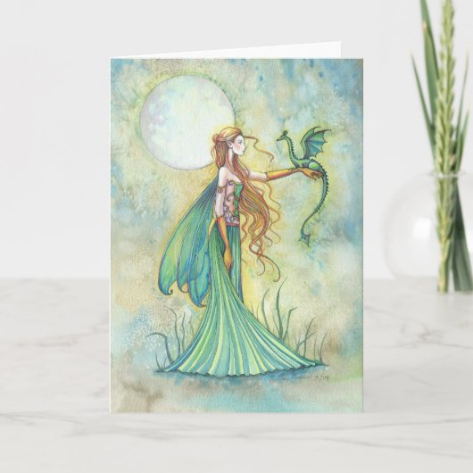 Groene Fee en Draak Fantasie Kunst Kaart (Voorkant)