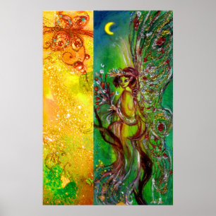 GROENE FEËR MET GOUDEN BLOEMENGLINSTERING IN MAANL POSTER