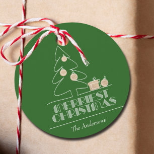 Groene feestdag met vrolijke kerstbomen bedankjes labels