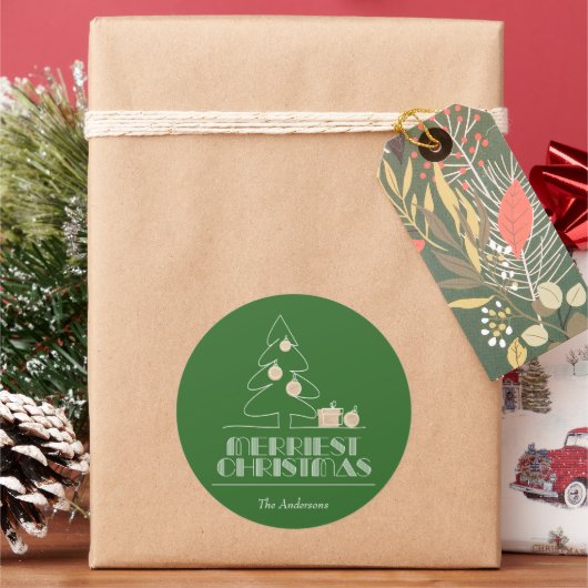 Groene feestdag met vrolijke kerstbomen ronde sticker (Feestdagen)