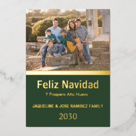 Groene Feliz Navidad Spaanse Familie Foto Goud Folie Feestdagenkaart