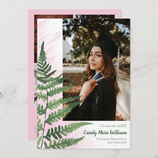 Groene Fern Elegant Roze Afstuderen Aankondiging (Voorkant / Achterkant)