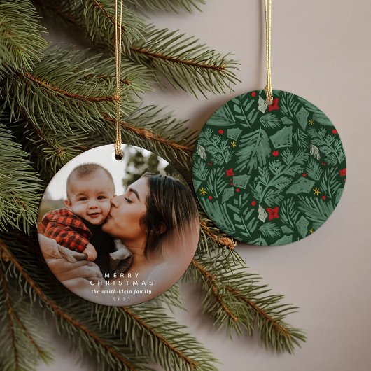 Groene Festive Botanische Foto Keramisch Ornament