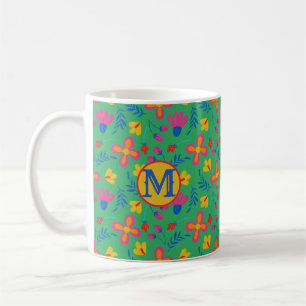 Groene Fiesta Bloemen Gepersonaliseerd Initiaal Koffiemok