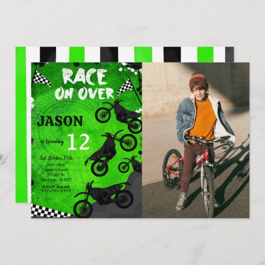Groene fiets verjaardag foto uitnodiging (Voorkant / Achterkant)