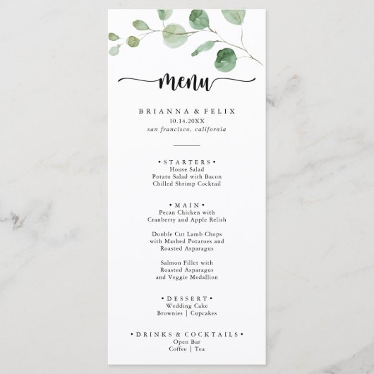 Groene fijne echalyptuskalligrafie menu (Voorkant)