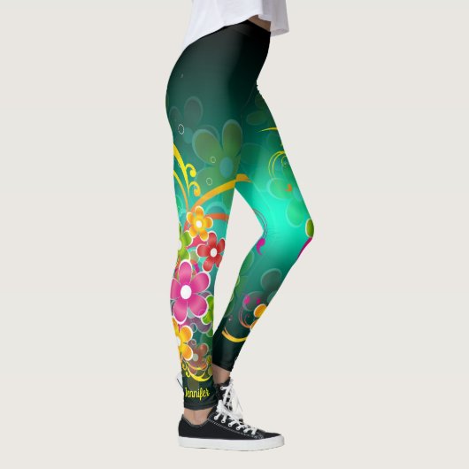 Groene Floral Aangepaste Naam Leggings Yoga Pants (Rechts)