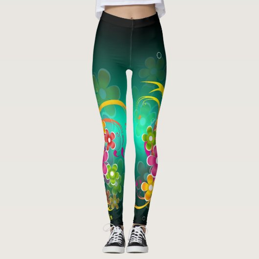 Groene Floral Aangepaste Naam Leggings Yoga Pants (Voorkant)