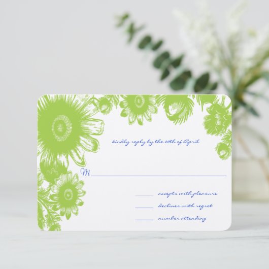 Groene Floral en Lapis Blue Wedding RSVP-kaart RSVP Kaartje (Staand voorkant)