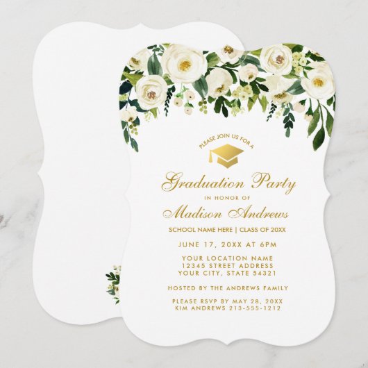 Groene Floral Gold Graduation Party nodigt uit Kaart (Voorkant / Achterkant)
