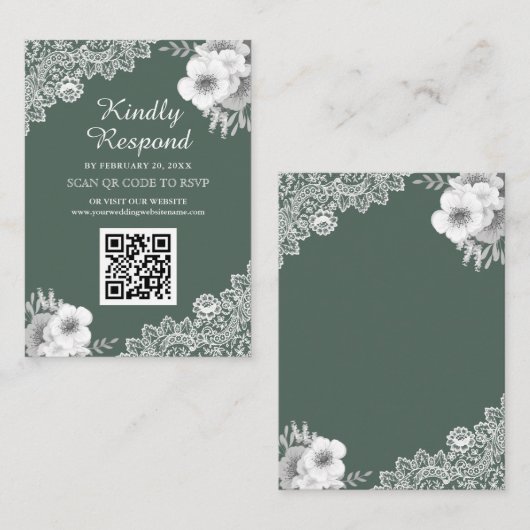 Groene Floral Lace QR Code RSVP Weddenschap Websit Informatiekaartje (Voorkant / Achterkant)