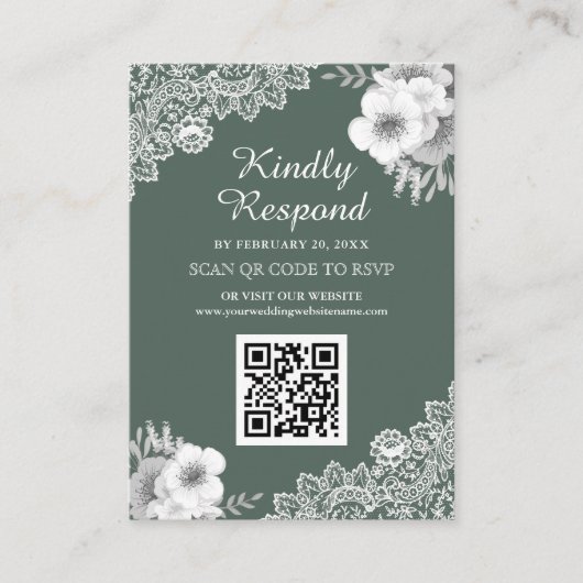 Groene Floral Lace QR Code RSVP Weddenschap Websit Informatiekaartje (Voorkant)