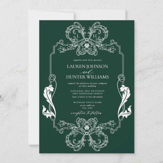  groene Floral Line Art Monogram Weddenschap Kaart (Voorkant)