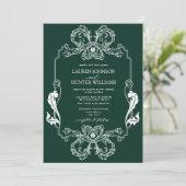  groene Floral Line Art Monogram Weddenschap Kaart (Staand voorkant)