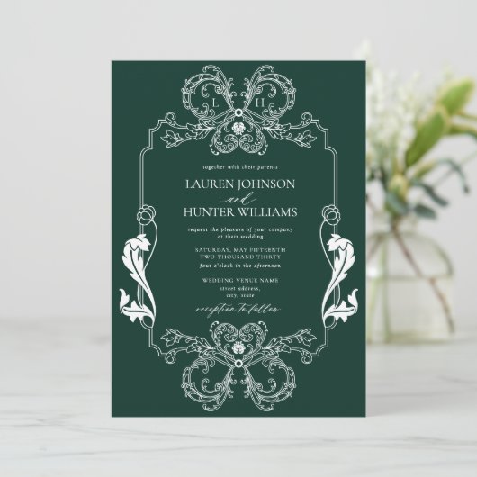 groene Floral Line Art Monogram Weddenschap Kaart (Staand voorkant)
