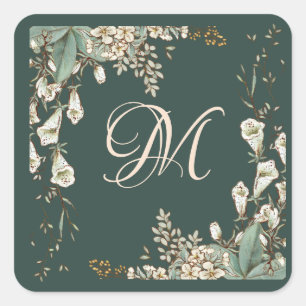 Groene Floral Script Monogram Elegant Wedding Vierkante Sticker