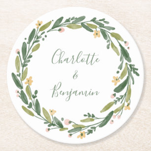 Groene Floral Waterverf Greenery Custom Wedding Ronde Kartonnen Onderzetter