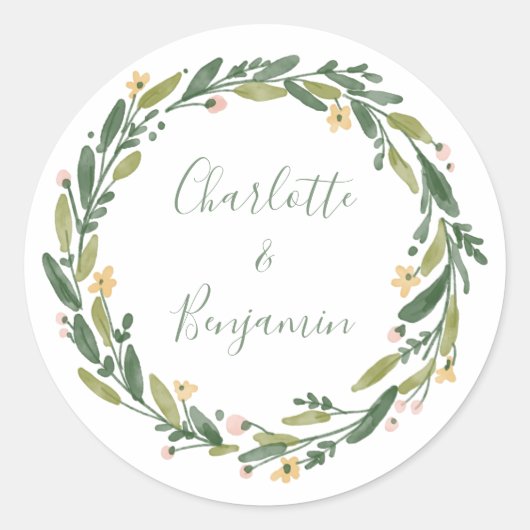 Groene Floral Waterverf Greenery Custom Wedding Ronde Sticker (Voorkant)
